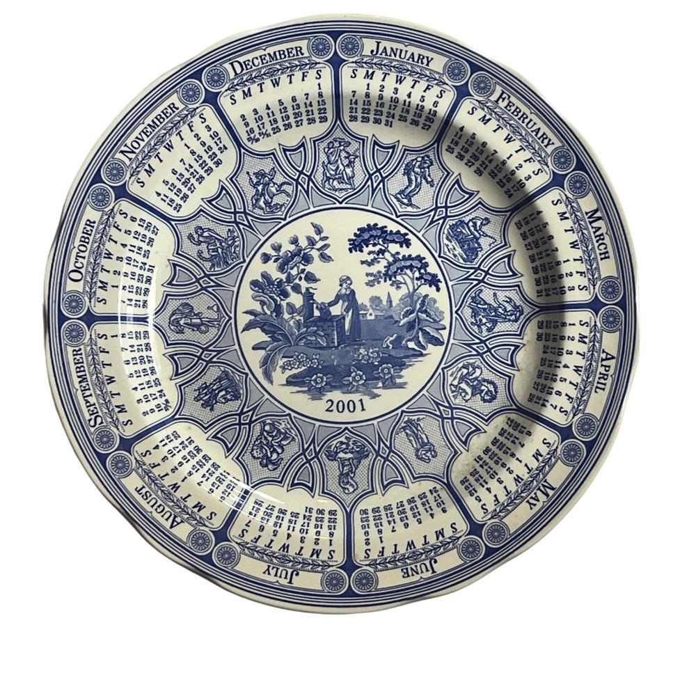 Spode Blue Room 2001 Calendar Plate Girl at Well Blue White Transferware England